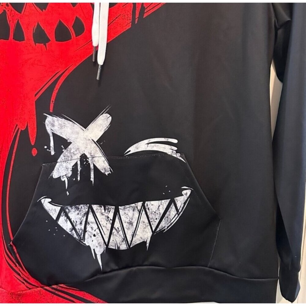 Mens Red & Black Graphic Hoodie With Smiling Faces Design Size L Polyester & Spa - Picture 8 of 9